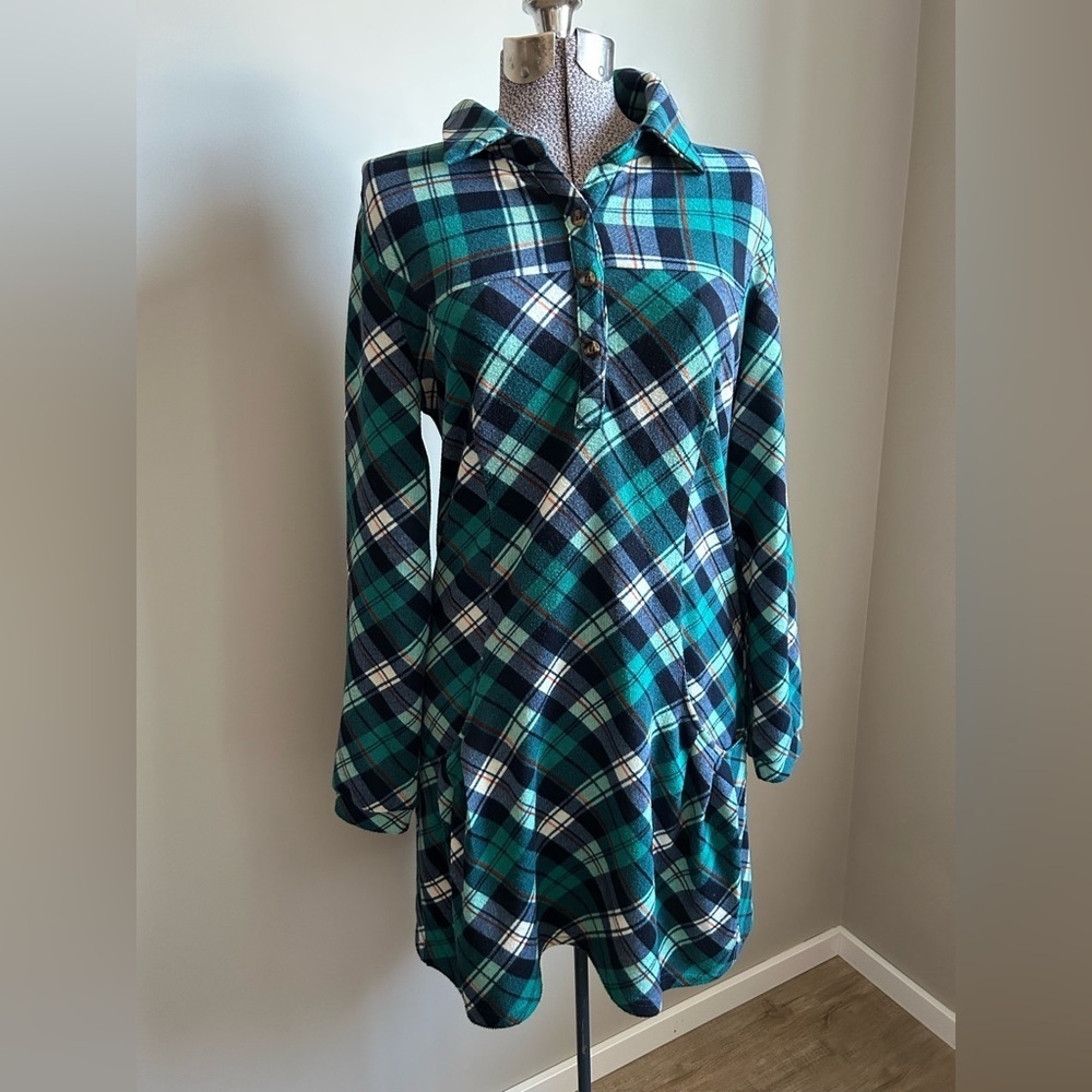 Papillon Plaid Long Sleeve Shirt Dress pockets blue green red white fall